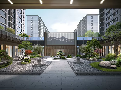 Residential Garden Landscape With High Rise Buildings Stone Path And Mountain View Screen 3d model