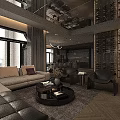 Modern Living And Dining Room Interior With Sofa Chairs Coffee Table Chandelier And Wine Racks