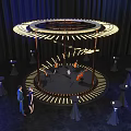 Circular Stage With Ring Lighting And Wooden Supports Near Decorative Tables And People