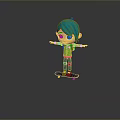 Cartoon Character With Blue Hair Green Shirt And Blue Pants On Skateboard Arms Outstretched
