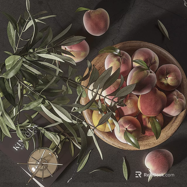 Ceramic Bowl Filled With Juicy Peaches And Olive Leaves On Rustic Table Setting 3d model 