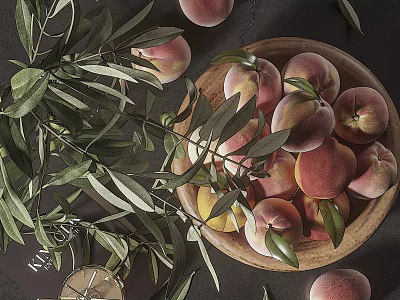 Ceramic Bowl Filled With Juicy Peaches And Olive Leaves On Rustic Table Setting 3d model