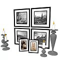 Stylish Decorative Ornament Set With Black White Architectural Photo Frames And Candle Holders