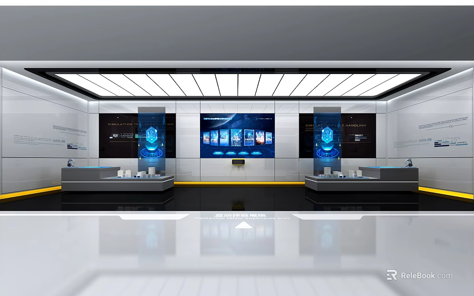 Modern Hi Tech Exhibition Hall With Large Screen Blue Lighting And Display Counters 3d model