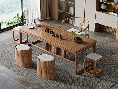 Traditional Chinese Wooden Tea Table And Chairs With Round Stools In Lakeside View Room 3d model
