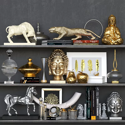 Modern Ornaments Combination Leopard Cattle Horse Ivory Buddha Head Buddha Vessel Book Decorative Painting Ornaments 3d model