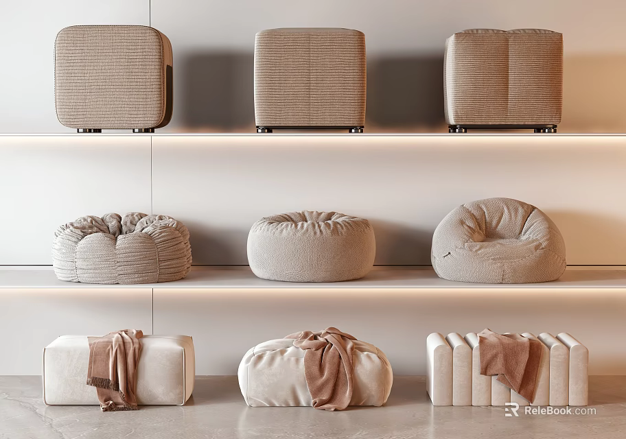 Modern Fabric Sofa Stools With Various Designs In Neutral Tones On Display Shelves 3d model 