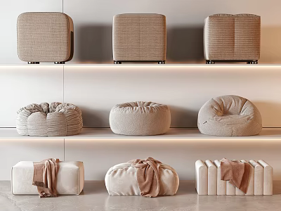 Modern Fabric Sofa Stools With Various Designs In Neutral Tones On Display Shelves 3d model