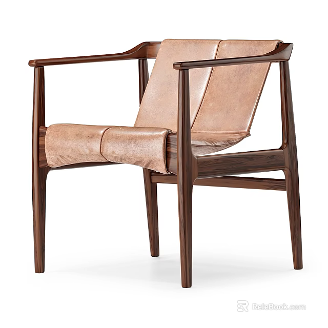 Modern Minimalist Leisure Chair With Wooden Frame Leather Seat Backrest And Armrests 3d model 