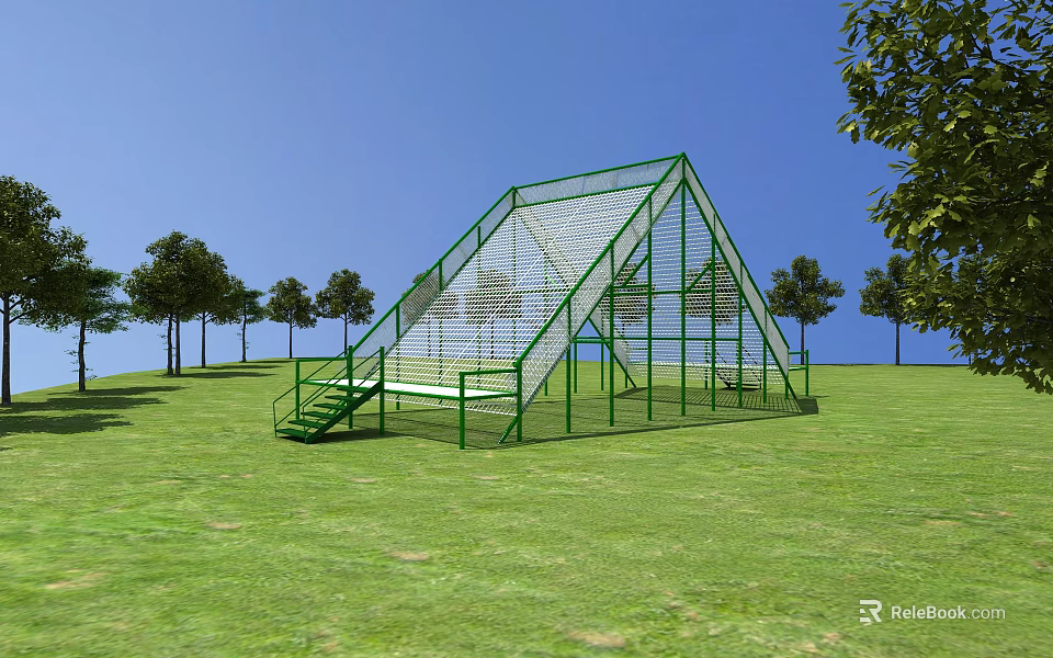 Green Metal Outdoor Sports Equipment Climbing Frame on Grass Field with Trees and Blue Sky 3d model 