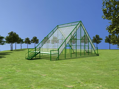 Green Metal Outdoor Sports Equipment Climbing Frame on Grass Field with Trees and Blue Sky 3d model