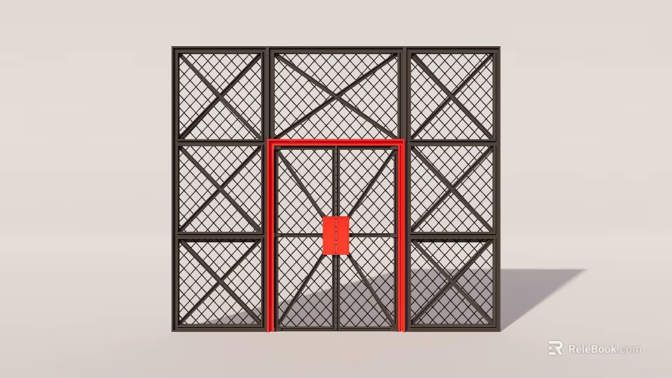Modern Entrance Gate with Black Grid Frame Red Border and Central Panel 3d model 