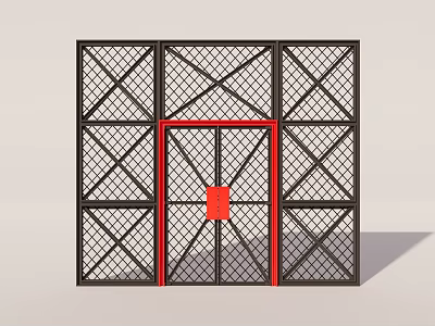 Modern Entrance Gate with Black Grid Frame Red Border and Central Panel 3d model