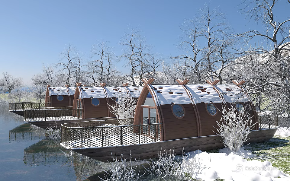 Winter Scenic Landscape with Brown Cottages Snow Covered Roofs by Water and Snowy Trees 3d model 