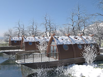 Winter Scenic Landscape with Brown Cottages Snow Covered Roofs by Water and Snowy Trees 3d model