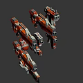 Red Silver Mechanical Weapons Various Types Including Pistols Rifles Accessories Displayed In Dynamic Arrangement