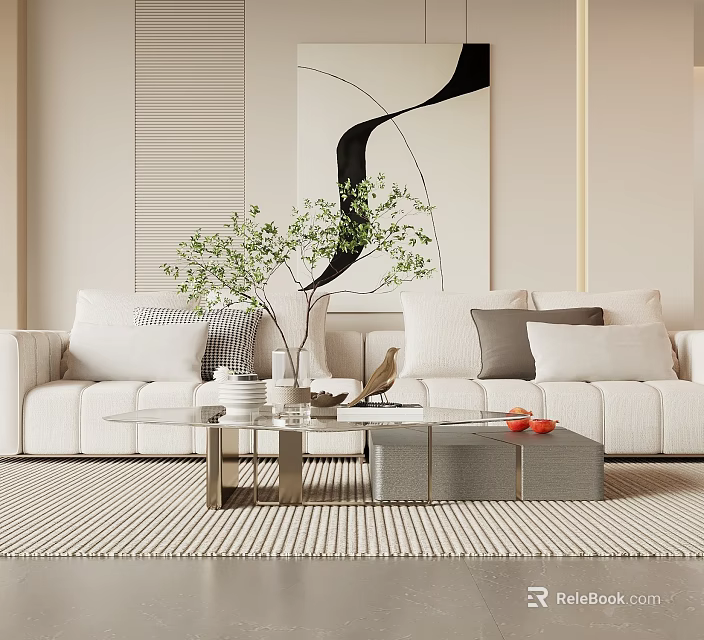 Modern Living Room With Glass Coffee Table White Sofa Green Plant And Carpet 3d model 