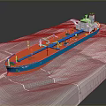 Orange and Blue Tanker Ship Model with Hull Deck on White Terrain Base