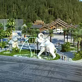 Exquisite Garden Landscape With Elephant Sculptures Fountains Palm Trees And Chinese Style Pavilion