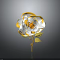 3D Decorative Flower Featuring White Yellow Petals Orange Center Green Leaves and Golden Stem