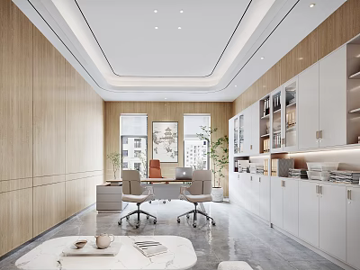 Modern Office Interior Design With Wooden Walls White Cabinets Workstations And Green Plants 3d model