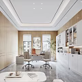 Modern Office Interior Design With Wooden Walls White Cabinets Workstations And Green Plants