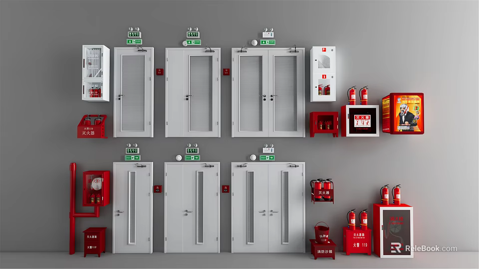 Fire Safety Equipment Display With Fire Doors Extinguishers And Red Cabinets 3d model