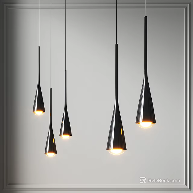 Modern Hanging Conical Black Pendant Lights Illuminated In Interior Space 3d model 