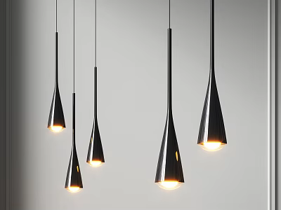 Modern Hanging Conical Black Pendant Lights Illuminated In Interior Space 3d model
