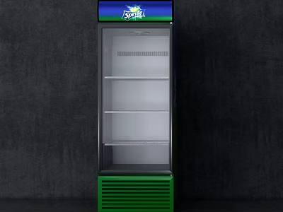 Sprite Commercial Upright Glass Door Freezer with Empty Shelves and Green Base 3d model