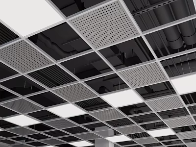 Modern Suspended Ceiling With Grid Design Black Frames And Perforated Panels 3d model