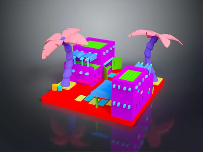 Vibrant Cartoon Scene With Pink Palm Trees Purple Buildings Green Roofs And Red Ground 3d model