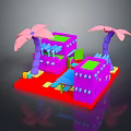 Vibrant Cartoon Scene With Pink Palm Trees Purple Buildings Green Roofs And Red Ground