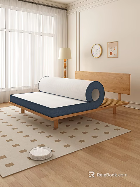 Double Bed with Rolled Mattress Wooden Frame Wooden Floor Geometric Rug and Floor Lamp 3d model 