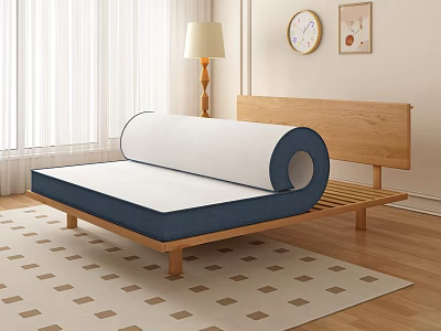 Double Bed with Rolled Mattress Wooden Frame Wooden Floor Geometric Rug and Floor Lamp 3d model