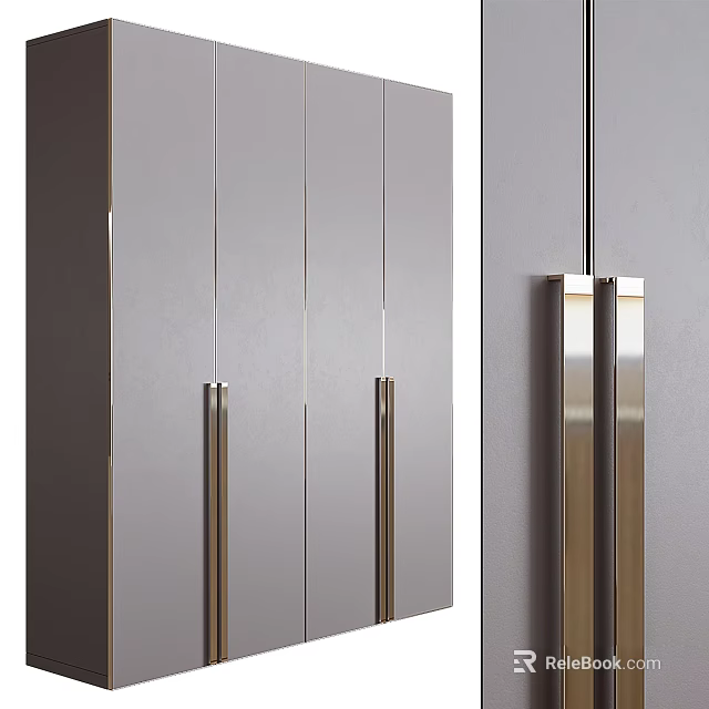 Modern Gray Wardrobe With Sleek Panel Design And Metal Handles Contemporary Storage Furniture 3d model 