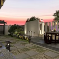 Modern Detached Villa With Large Glass Windows Dark Tile Roof Landscaped Garden And Sunset Sky