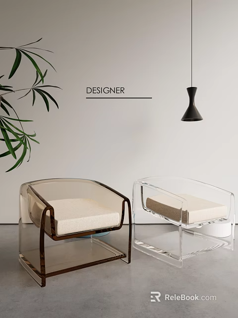 Designer Modern Transparent Dining Chairs With Brown Frames And Beige Cushions 3d model 