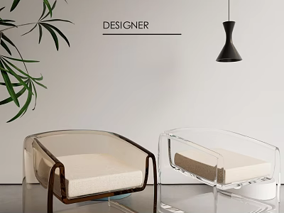 Designer Modern Transparent Dining Chairs With Brown Frames And Beige Cushions 3d model