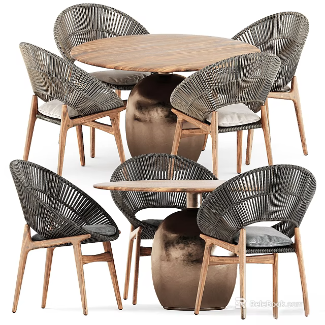 Wooden Dining Table With Rattan Back Chairs And Soft Cushions For Outdoor Use 3d model 