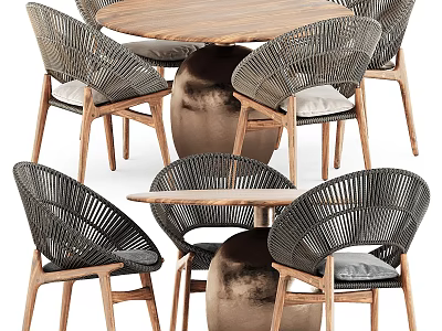 Wooden Dining Table With Rattan Back Chairs And Soft Cushions For Outdoor Use 3d model
