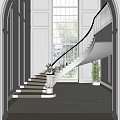 Curved Staircase with Black Metal Railing Wooden Steps Large Window and Natural Light