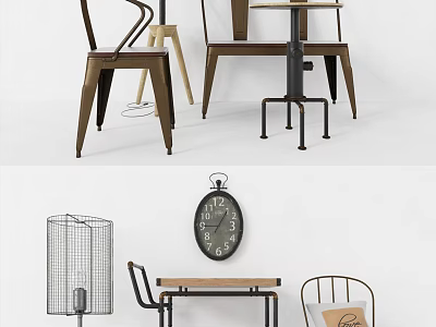Industrial Style Table And Chair Set With Wooden Top Metal Legs And Wall Clock 3d model