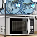 Kitchen Appliance Setup With Microwave Under Metal Shelf Holding Water Bottles And Condiment Bottles