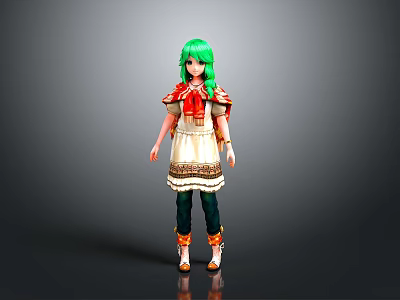 3D Anime Character Model With Green Hair Red Top White Dress And Green Pants 3d model