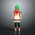3D Anime Character Model With Green Hair Red Top White Dress And Green Pants