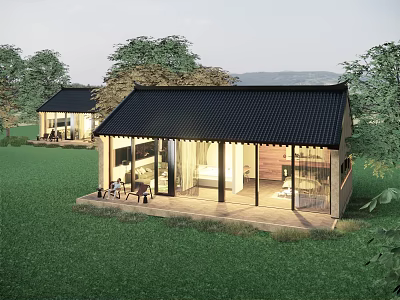Modern Detached Villa With Black Tiled Roof Large Glass Windows Green Lawn And Trees 3d model
