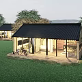 Modern Detached Villa With Black Tiled Roof Large Glass Windows Green Lawn And Trees
