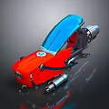 Modern Futuristic Red Motorcycle with Blue Windshield Silver Exhaust Pipe Black Accents on Reflective Surface