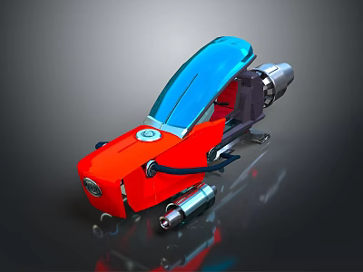 Modern Futuristic Red Motorcycle with Blue Windshield Silver Exhaust Pipe Black Accents on Reflective Surface 3d model